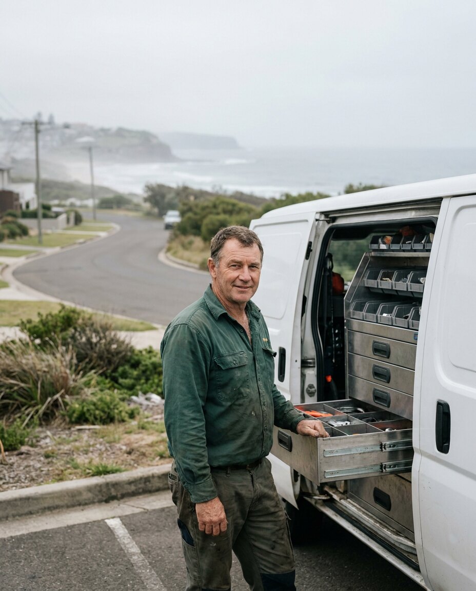 A garage-door technician at the open rear doors of an unmarked van on a quiet Merewether street