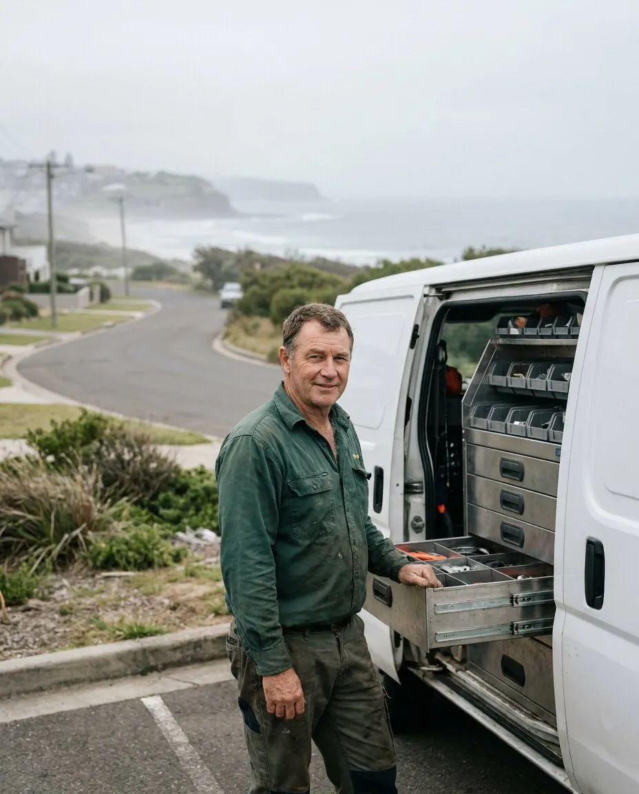 A garage-door technician at the open rear doors of an unmarked van on a quiet Merewether street