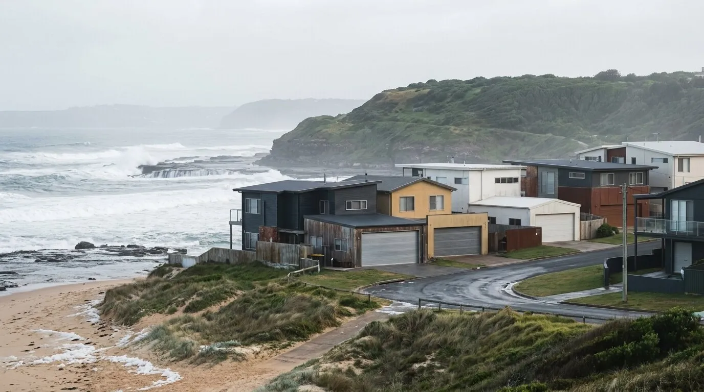Houses on the slope above Bar Beach with surf breaking behind
