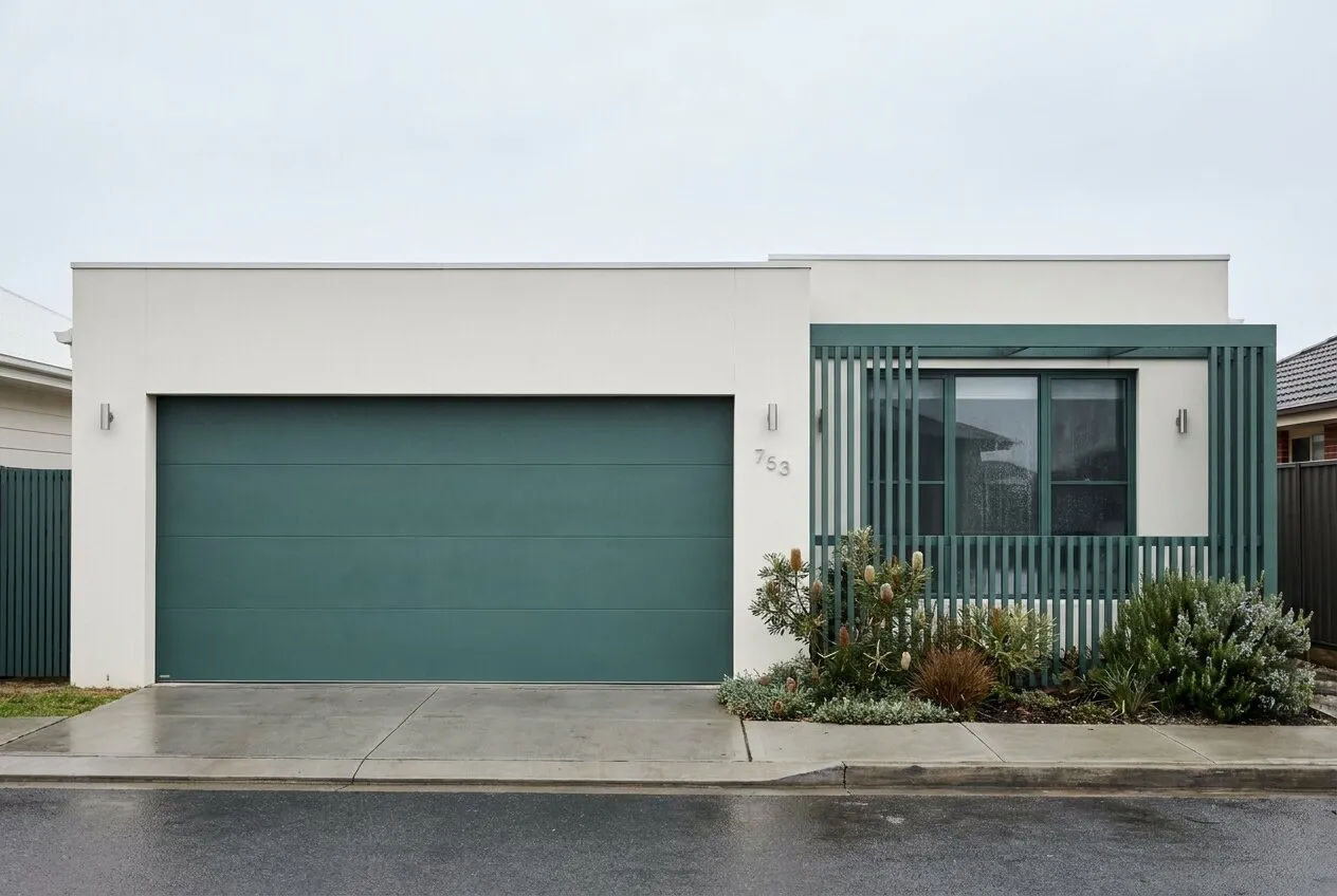 An architect-renovated Merewether home where a flush sectional door in deep sea-green is the widest element of the facade