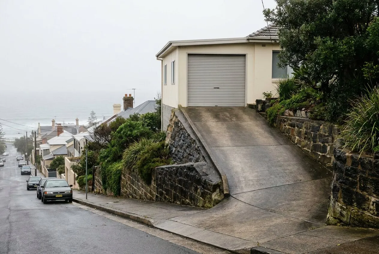 A steep short driveway rising to an under-house garage in Merewether Heights