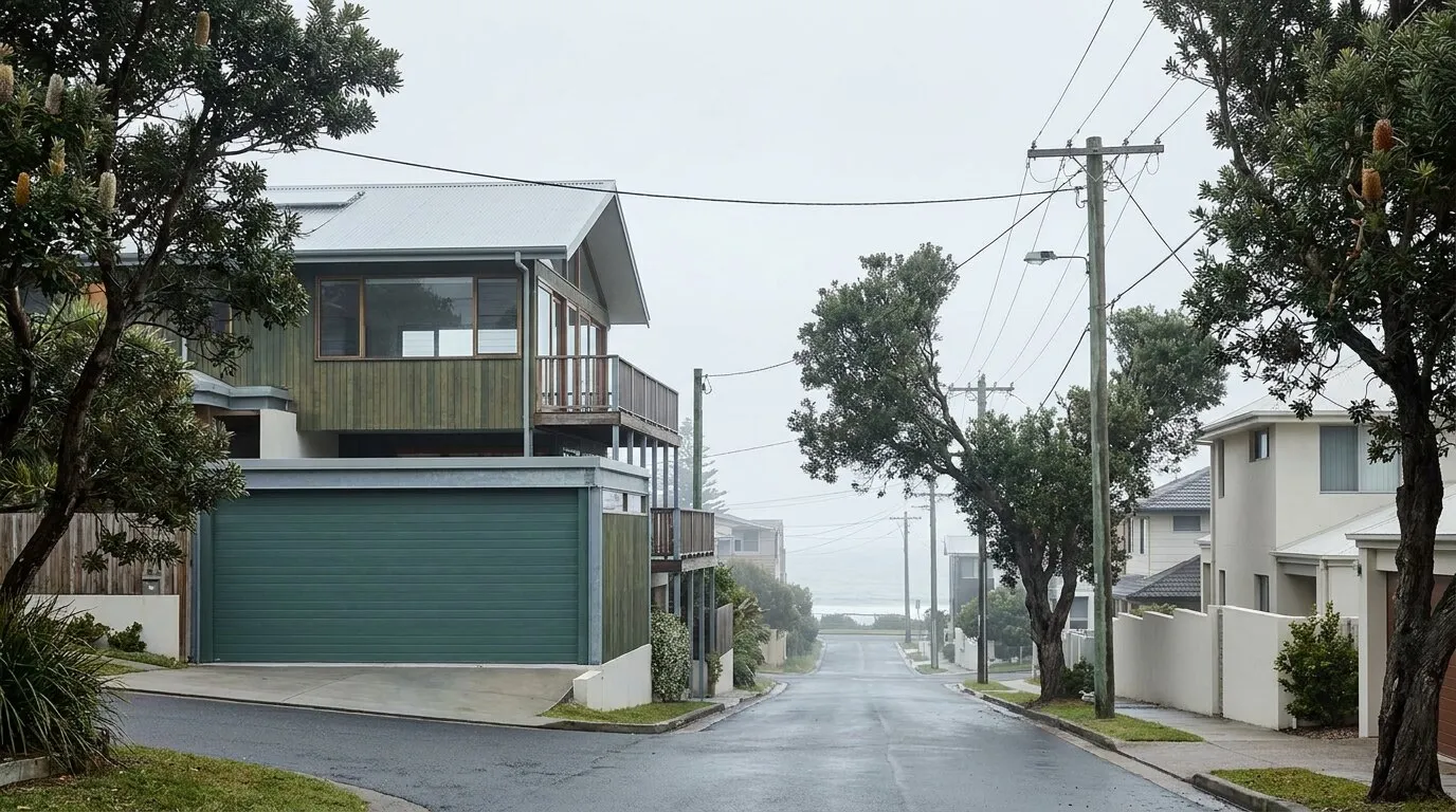 A Merewether street on the first ridge above the beach, a renovated home with a wide deep sea-green sectional garage door facing the ocean