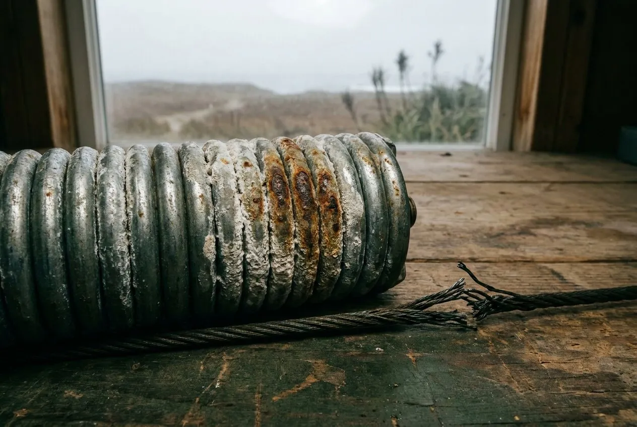 Close-up of salt bloom and rust pitting on the coils of a zinc-plated garage door torsion spring, with a frayed lift cable beside it
