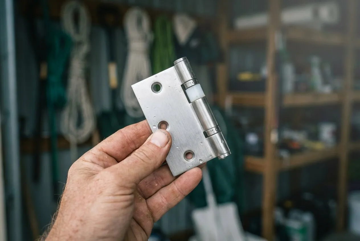 A hand holding a new marine-grade stainless steel garage door hinge with a nylon roller