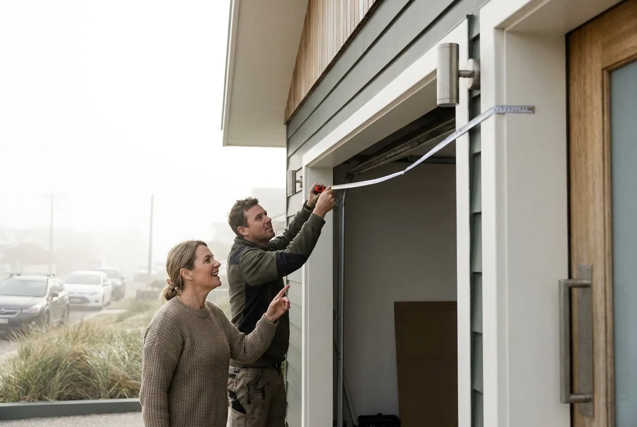 A technician measuring the top corner of a garage opening while the homeowner looks on