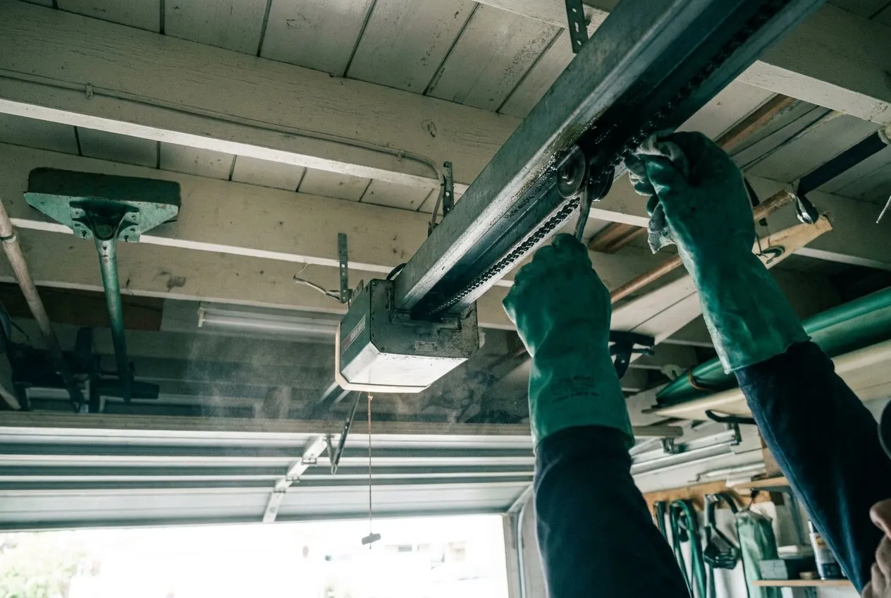 Gloved hands wiping and lubricating the rail and trolley of a ceiling-mounted garage door opener