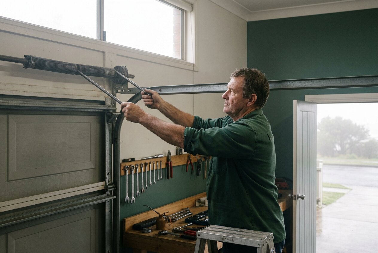 A technician on a step platform re-tensioning a garage door torsion spring with winding bars