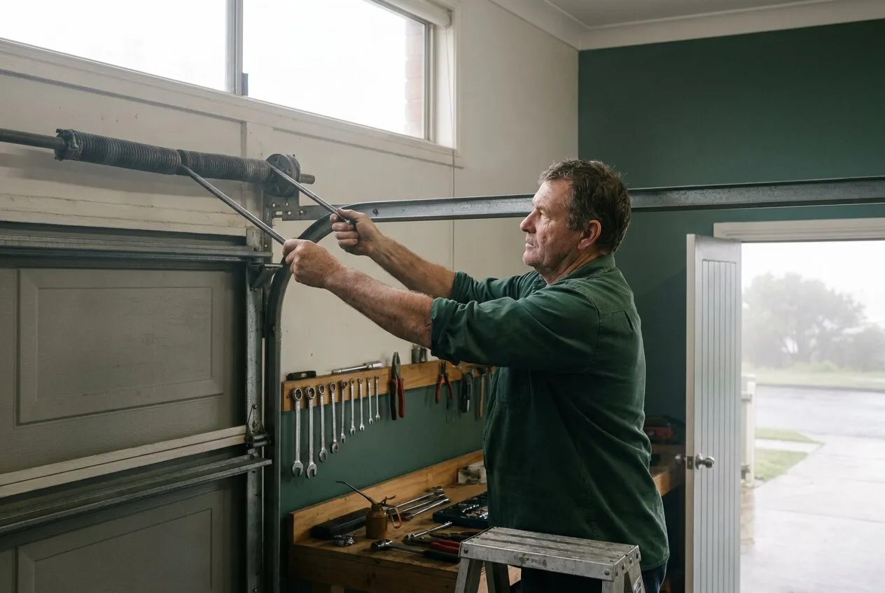 A technician on a step platform re-tensioning a garage door torsion spring with winding bars